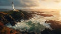 A majestic and impressive lighthouse on a rugged coast with a cloudy sky and a misty sea