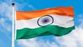 Majestic Indian flag waving on flagpole, symbol of patriotism and freedom generated by AI
