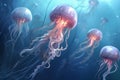Majestic Jellyfish Floating Serenely In The Aquatic Depths Illuminated By Light. Generative AI Royalty Free Stock Photo