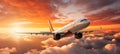 Majestic jetliner gracefully soaring through dramatic sunset clouds, igniting travel dreams