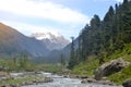 Jhelum River, a tributary of the Indus River, passes through the Kashmir Valley bounded by the Great Himalayas and the Pir Panjal