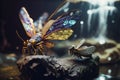 A Majestic Journey: Butterfly and Fairy on Giant Dragonfly in Bokeh Waterfall Wonderland