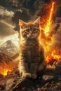 Majestic Kitten Standing Proud on Rocky Terrain with Dramatic Volcanic Eruption and Fiery Sky in the Background