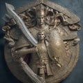 A majestic knight with a shield and sword, intricately carved into a decorative icon.