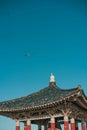 Majestic Korean Friendship Bell against a vivid blue sky, with seagulls soaring above