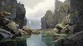 Majestic Lagoon: A Vray-style Water Scene With Sharp Boulders And High Verticality