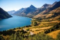 Majestic Lake Surrounded by Towering Mountains and Tranquil Beauty, Waterton Lakes National Park, a UNESCO World Heritage Site, AI
