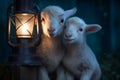 Majestic lamb and its twin by a radiant blue lantern