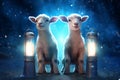 Majestic lamb and its twin by a radiant blue lantern