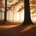 Majestic landscape with autumn trees in forest. Carpathian, Ukraine, Europe. Beauty world. Retro filtered. Toning