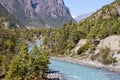 Majestic landscape and blue river in Himalayas mountains in Nepal Royalty Free Stock Photo