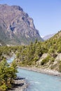 Majestic landscape and blue river in Himalayas mountains in Nepal Royalty Free Stock Photo