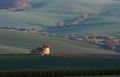 Majestic landscape of field in the evening. Windmill in the center of meadow Royalty Free Stock Photo