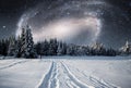 Majestic landscape with forest at winter night time with stars and galaxy in the sky. Scenery background. Elements Royalty Free Stock Photo