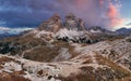 Majestic landscape mountain with Tre Cime peak before sunrise.