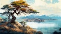 Majestic Landscape Painting: Mountain, Lake, And Tranquil Beauty Royalty Free Stock Photo