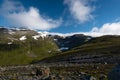 Majestic landscapes with lakes, rocks and snowcapped mountains on the Aurlandsfjellet scenic route