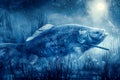 Majestic Large Fish Swimming Gracefully Under Moonlit Water in a Mystical Underwater Scene