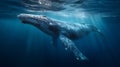 Majestic large whale swimming gracefully in the deep blue ocean with beautiful sun rays piercing through the water. Royalty Free Stock Photo