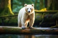 A majestic large white bear balanced on a log in a peaceful forest setting, White Spirit Bear walking on log along creek in Royalty Free Stock Photo
