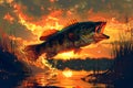 Majestic Largemouth Bass Leaping at Sunset in Scenic Lake Environment with Vibrant Colors Royalty Free Stock Photo