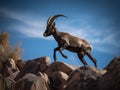 The Majestic Leap of the Ibex in Mountainous Terrain Royalty Free Stock Photo