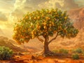 Majestic Lemon Tree Full of Fruit in Idyllic Sunny Landscape with Rolling Hills and Warm Sky Nature Beauty and Agriculture Concept