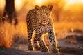 Majestic leopard concealed in the ethereal golden hues of the african savannah at enchanting sunset