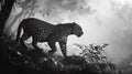 Majestic Leopard Emerging from the Mist. Generative ai