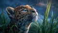 Majestic Leopard Gazing at the Starry Night Sky in Lush Grassland, A Captivating Wildlife Photography Moment