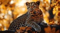 Majestic leopard resting in autumn foliage Royalty Free Stock Photo