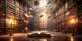 A majestic library filled with the magic of soaring books, illuminating knowledge and wisdom in a hall of learning. Generative AI Royalty Free Stock Photo