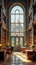 Majestic library interior with view of historic castle through large arched window Royalty Free Stock Photo