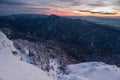 Majestic light in the Slovakia mountain at winter. Winter sunset with forest in Slovakia from peak Tlsta, Fatra. Royalty Free Stock Photo