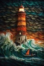 Majestic Lighthouse Amidst Large Waves Crafted in Multi-Dimensional Paper Quilling.