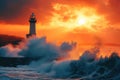 Majestic Lighthouse Amidst Tranquil Sunset Waves, A lighthouse standing tall against a vibrant orange sunset over the crashing