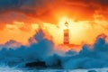 Majestic Lighthouse Embraced by Sunset Waves, A lighthouse standing tall against a vibrant orange sunset over the crashing ocean