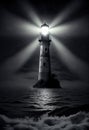 The Majestic Lighthouse Illuminates the Dark Night. Generative AI.