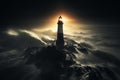 Majestic lighthouse rises proudly in a fog kissed and moody seascape