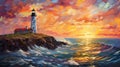 Majestic Lighthouse Sunset Painting - Bold, Colorful Seascape Art