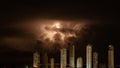 Majestic Lightning Storm over Urban Skyscrapers at Night