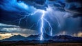 Majestic lightning strike illuminates a dramatic mountain range at dusk. Generative AI Royalty Free Stock Photo