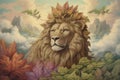 A majestic lion, adorned with a crown of ganja leaves,