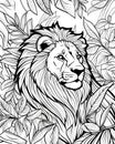 Majestic lion amidst serene foliage, illustrated in elegant black lines.