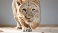 Majestic lion, endangered beauty, staring, walking, sitting, alertness, fur generated by AI