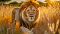 Majestic lion in grassy field at golden hour