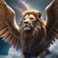 A majestic, lion-headed celestial being with wings composed of nebulous clouds and comets3