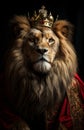 Majestic lion king wearing a golden crown and a royal red mantle