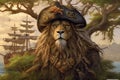 majestic lion leads a band of daring animal pirates, as they navigate the grassy seas animal pirate illustration generative ai