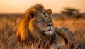 Majestic lion resting in the African savannah generated by AI Royalty Free Stock Photo